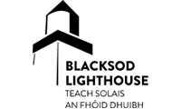 Black and white logo featuring a stylized lighthouse above the text: Blacksod Lighthouse with the Irish translation Teach Solais an Fhóid Dhuibh below it.