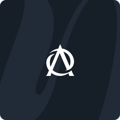 A white stylized letter A inside a circle on a dark, rounded square background with subtle abstract shapes, inspired by Simpl by Rob&Paul.