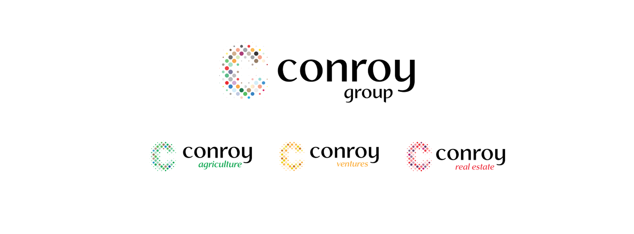 Logo for Conroy Group with a dotted circular C icon designed in the Simpl by Rob&Paul style. Below, three sub-brands—agriculture (green), ventures (yellow-orange), and real estate (red)—each with matching colored dots forming a C.