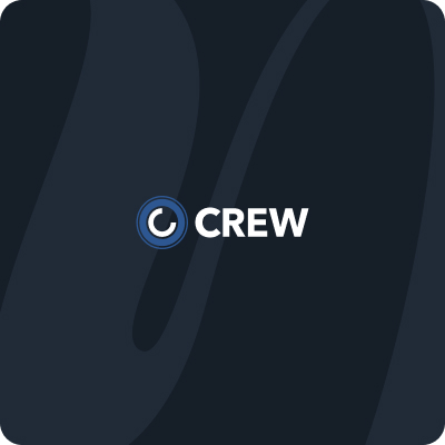 Dark blue background with a circular blue and white Simpl by Rob&Paul logo to the left of the word CREW in bold white text at the center. Subtle abstract shapes appear in the background.