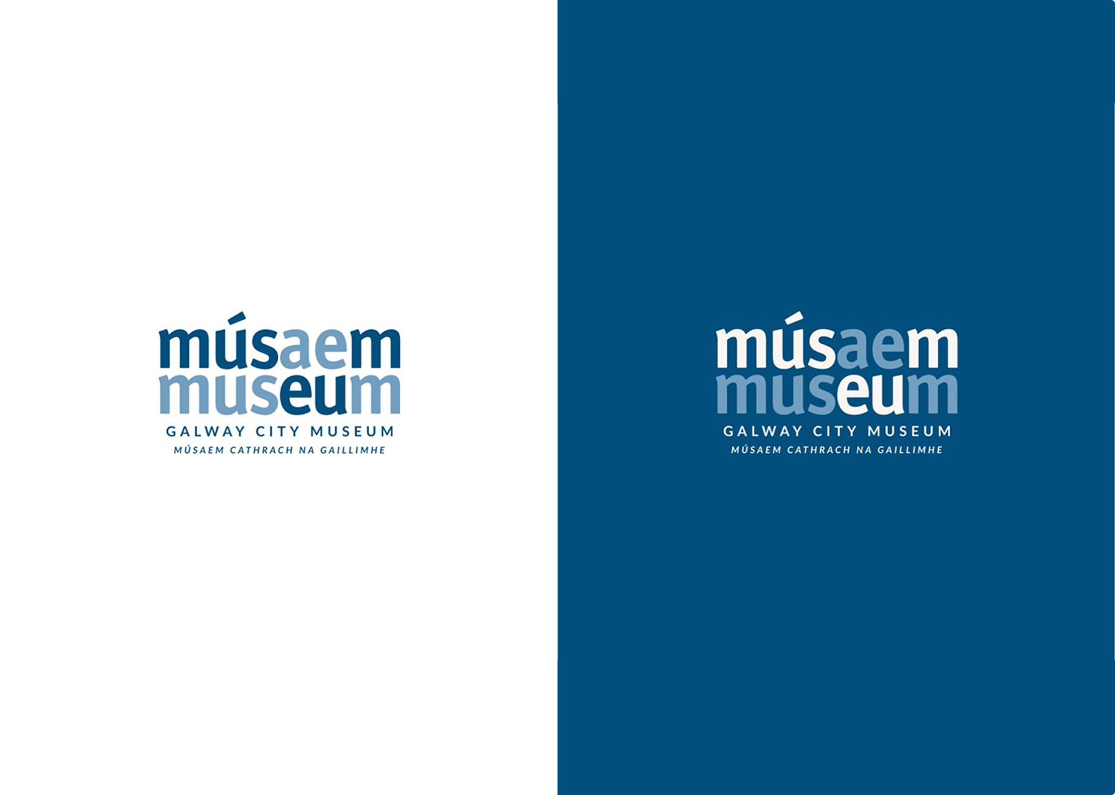Split image featuring the Galway City Museum logo, designed in the Simpl by Rob&Paul typeface, displayed on white (left) and blue (right) backgrounds. The logo reads músaem museum, with smaller English and Irish text below.