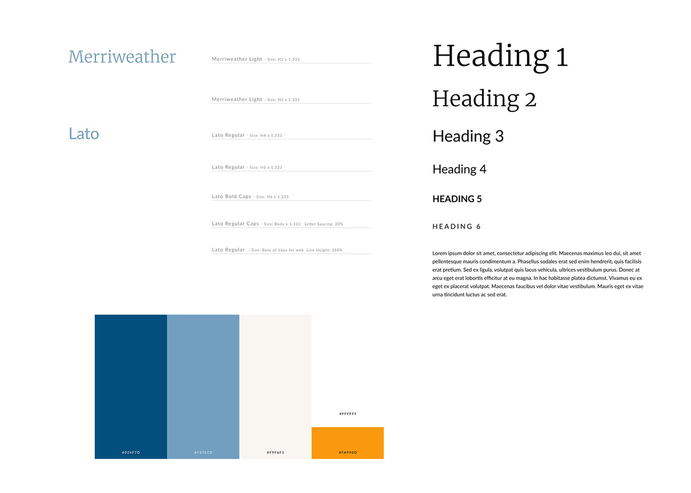 A style guide featuring Merriweather and Lato fonts—part of Simpl by Rob&Paul—includes headings from H1 to H6, a sample text block, and five color swatches in blue, teal, beige, and orange shades with their hex codes.
