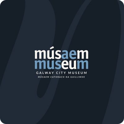 Logo for Galway City Museum, designed in Simpl by Rob&Paul, with “museum” in both Irish (“músaem”) and English, set against a dark blue background featuring subtle light and dark curved shapes.