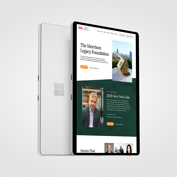 A silver tablet displays a charity foundation website with event and donation info, featuring Simpl by Rob&Paul; a featured image of a man and gala announcement are shown, while another tablet highlights the Microsoft logo from the back.