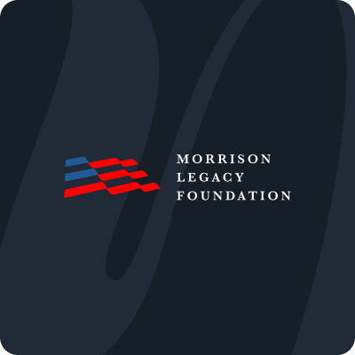 Logo for Morrison Legacy Foundation featuring stylized red and blue stripes resembling a flag, created in the Simpl by Rob&Paul style, with the organization name in white capital letters on a dark background.