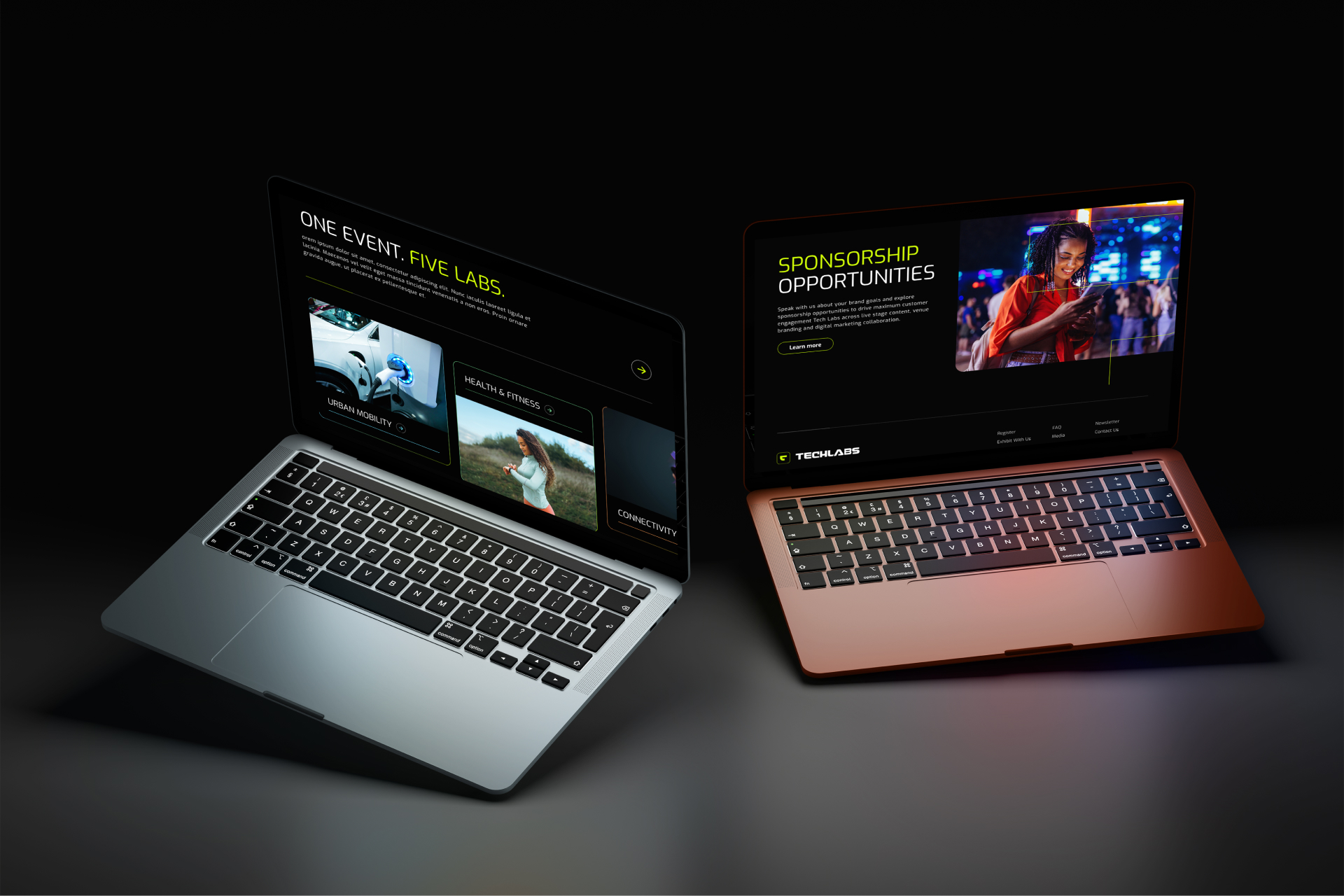 Two open laptops side by side display different event-related web pages. The left screen shows One Event. Five Labs. with videos, while the right screen highlights Sponsorship Opportunities with an image of a speaker.