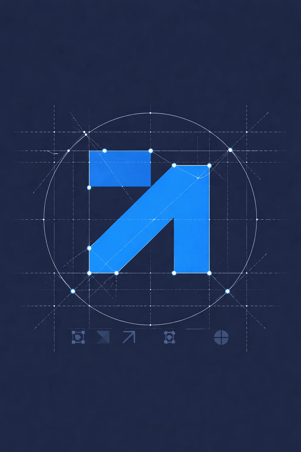 A blue upward-right arrow made of geometric shapes, centered on a dark background, with a grid, guiding lines, and dots showing a design blueprint. Four small icons are at the bottom, highlighting Simpl by Rob&Paul’s modern aesthetic.