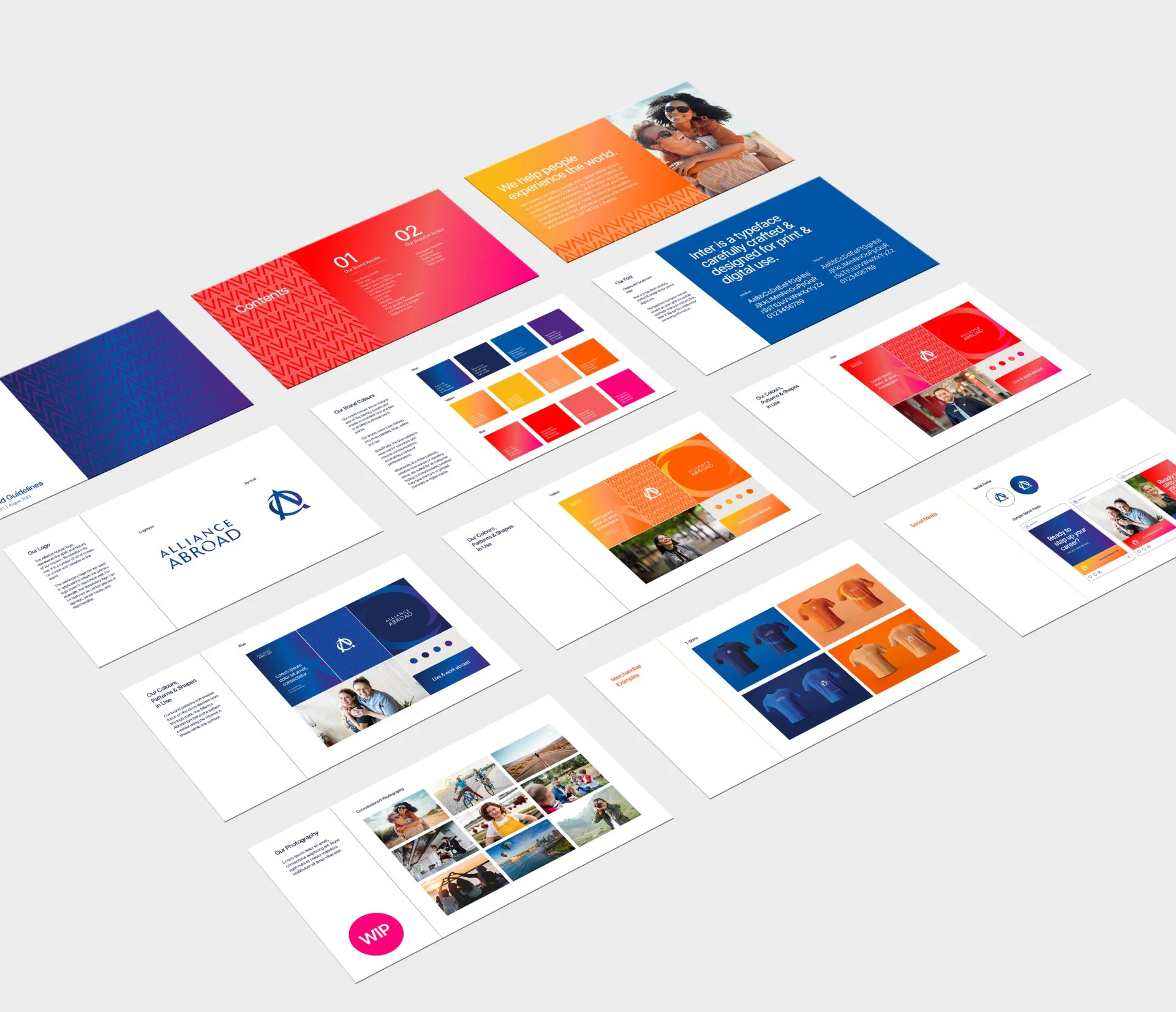 A set of colorful branding and marketing presentation slides, designed with Simpl by Rob&Paul, are laid out on a light surface, displaying brand logos, color palettes, typography, apparel mockups, imagery, and visual identity layout samples.