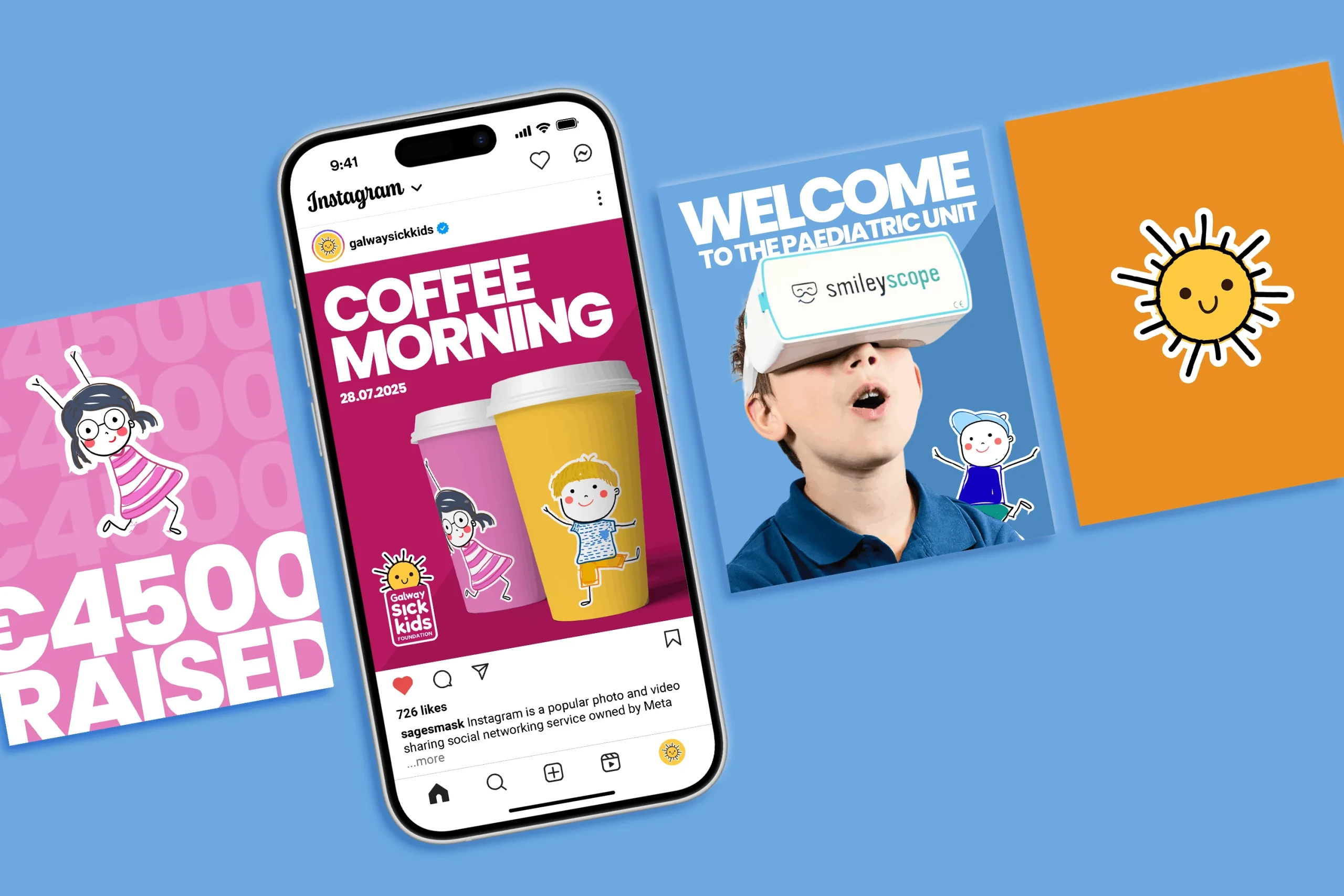 A collage featuring a fundraising total, an Instagram post with coffee cups, a boy using virtual reality goggles, and cheerful cartoon children with a sun, all on a blue and orange background inspired by Simpl by Rob&Paul.