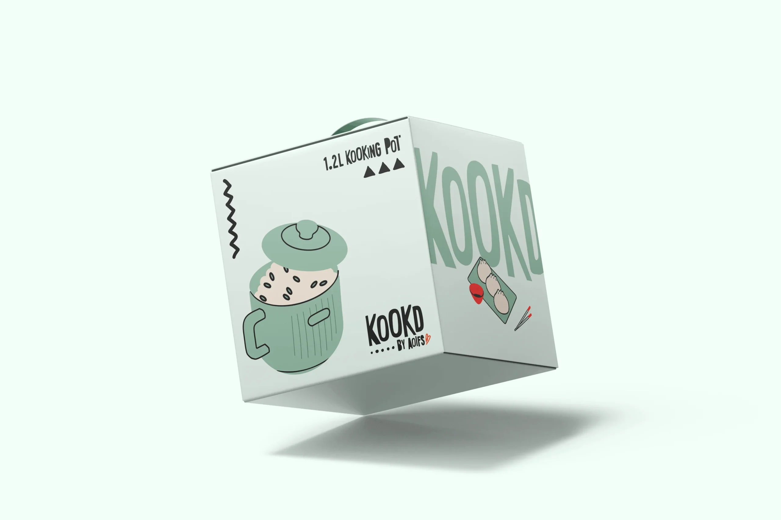 A cube-shaped product box featuring illustrations of a cooking pot with rice, sushi, and the text “Kooko By Buoys,” “1.21 Cooking Pot,” and “Simpl by Rob&Paul” in green and black on a light background.