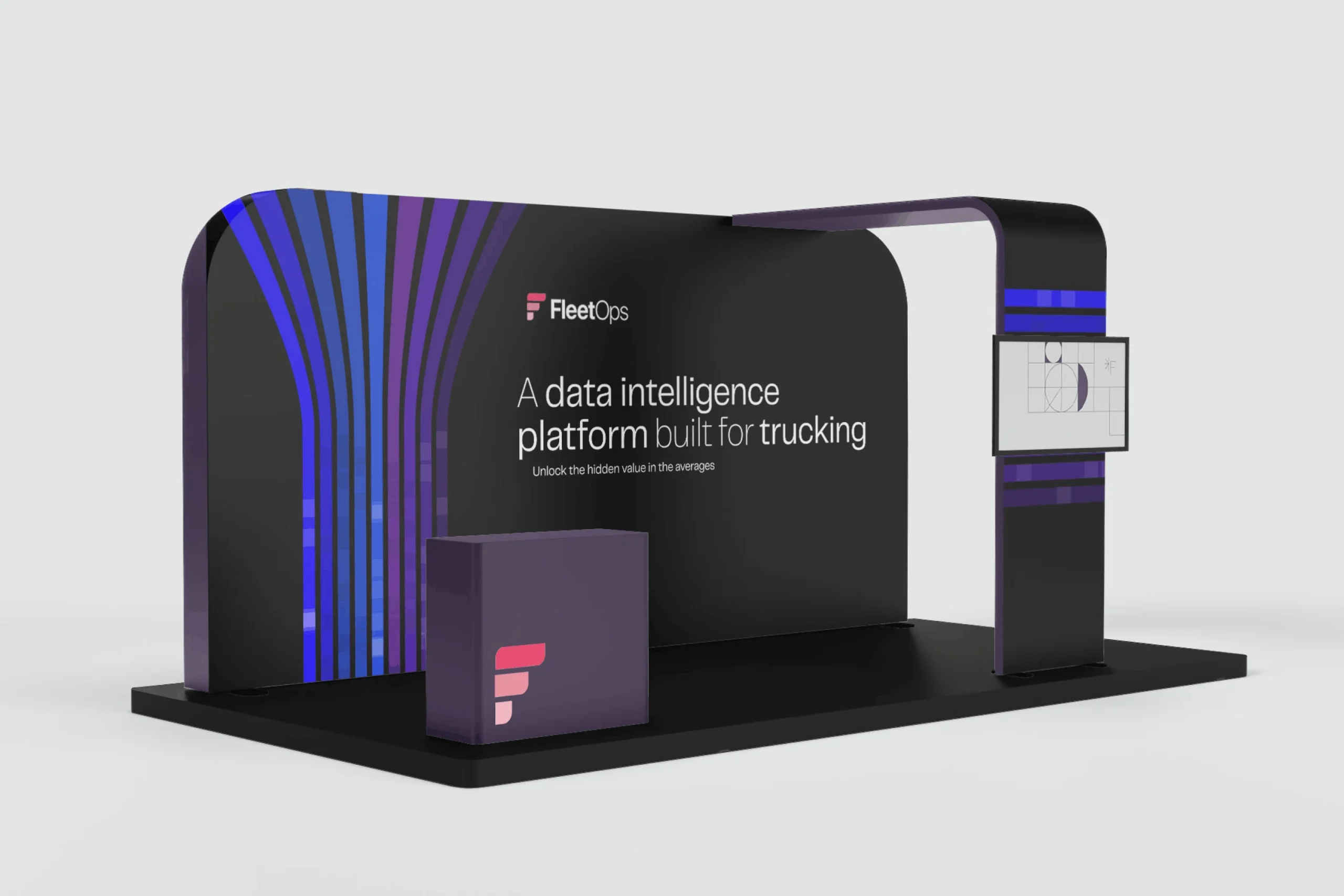 A modern exhibition booth for FleetOps, powered by Simpl by Rob&Paul, features a black backdrop with blue curved lines, a logo, and the text “A data intelligence platform built for trucking.” A screen and branded counter complete the sleek setup.