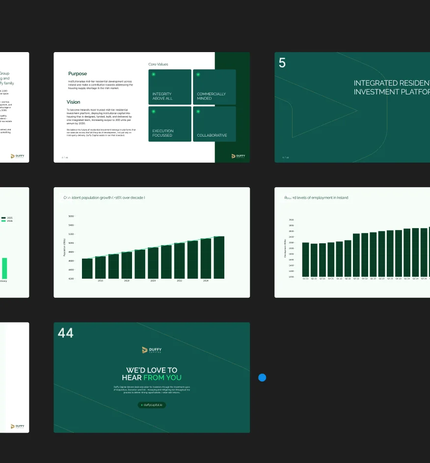 A presentation slide deck with white and dark green backgrounds, displaying charts, graphs, company values, contact information, and content about Simpl by Rob&Paul’s integrated residential investment platform.