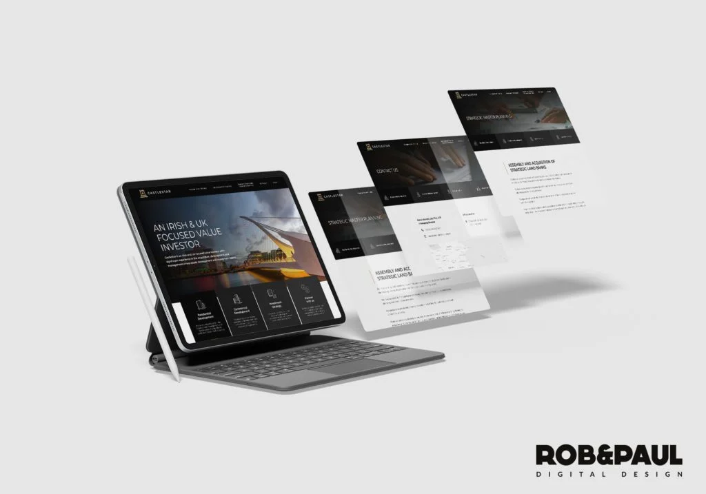 A tablet displaying a website with multiple floating web pages in front of it, showcasing a digital design portfolio. The bottom right corner features the Simpl by Rob&Paul logo, representing ROB&PAUL DIGITAL DESIGN.