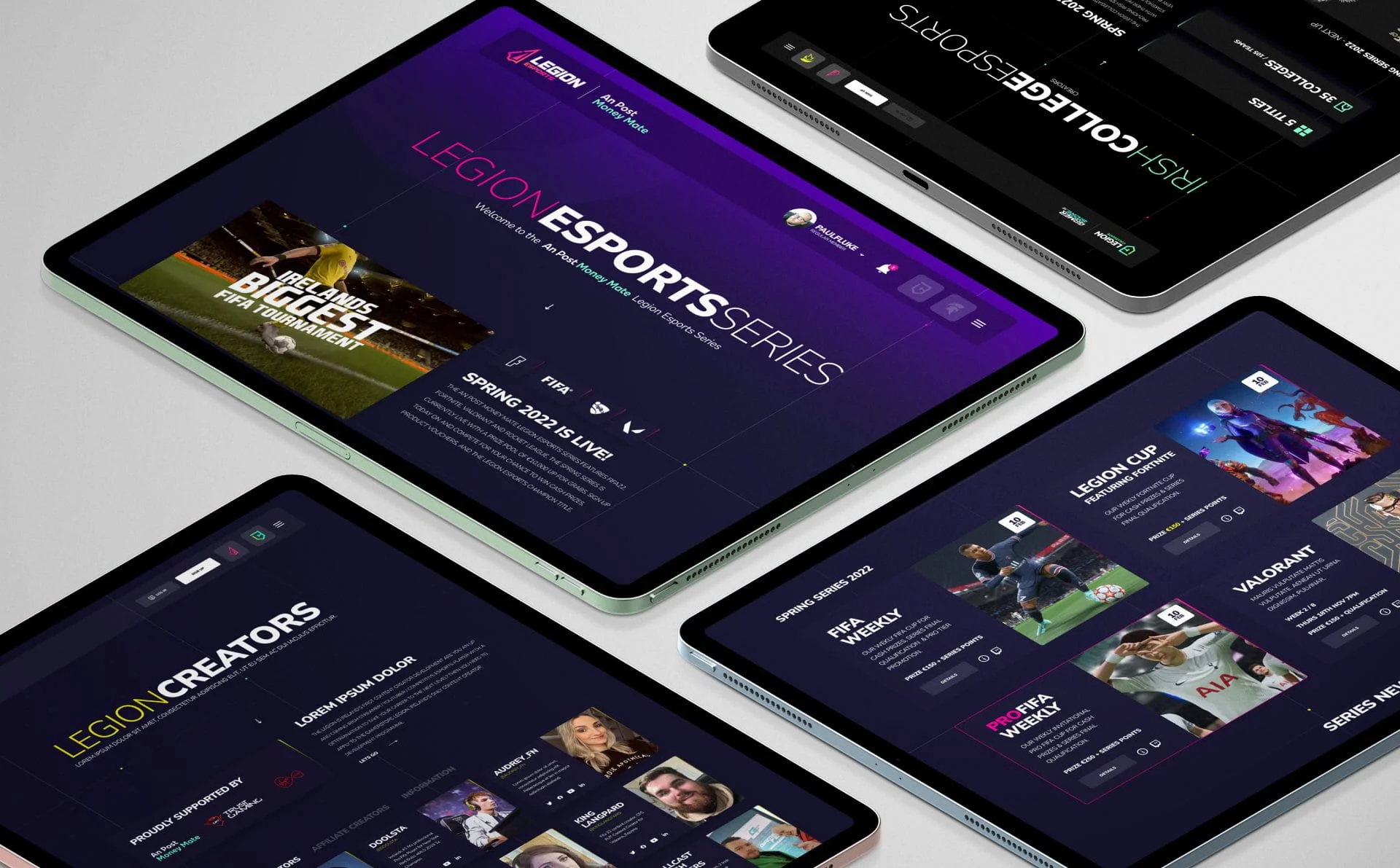 Four tablets with screens displaying different esports and gaming event websites, including tournament details, schedules, and profiles—all featuring vibrant, modern designs inspired by Simpl by Rob&Paul with dark backgrounds and colorful accents.