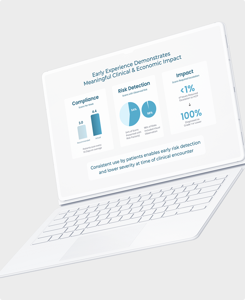 A white laptop displaying a presentation slide with charts and statistics about clinical and economic impact using Simpl by Rob&Paul, including sections on compliance, risk detection, and impact, with supporting text below the graphics.