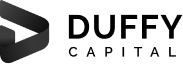 Logo for Duffy Capital featuring a stylized geometric D symbol on the left and the words DUFFY CAPITAL in bold black letters on the right, inspired by the vibrant energy of Galway food tours.