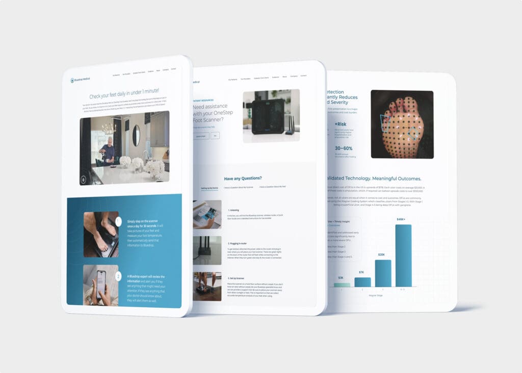Three overlapping digital tablet screens display a medical website by Simpl by Rob&Paul, featuring images of people using a health scanner, informational text, a graph, and a visual foot scan. The background is a light gray.