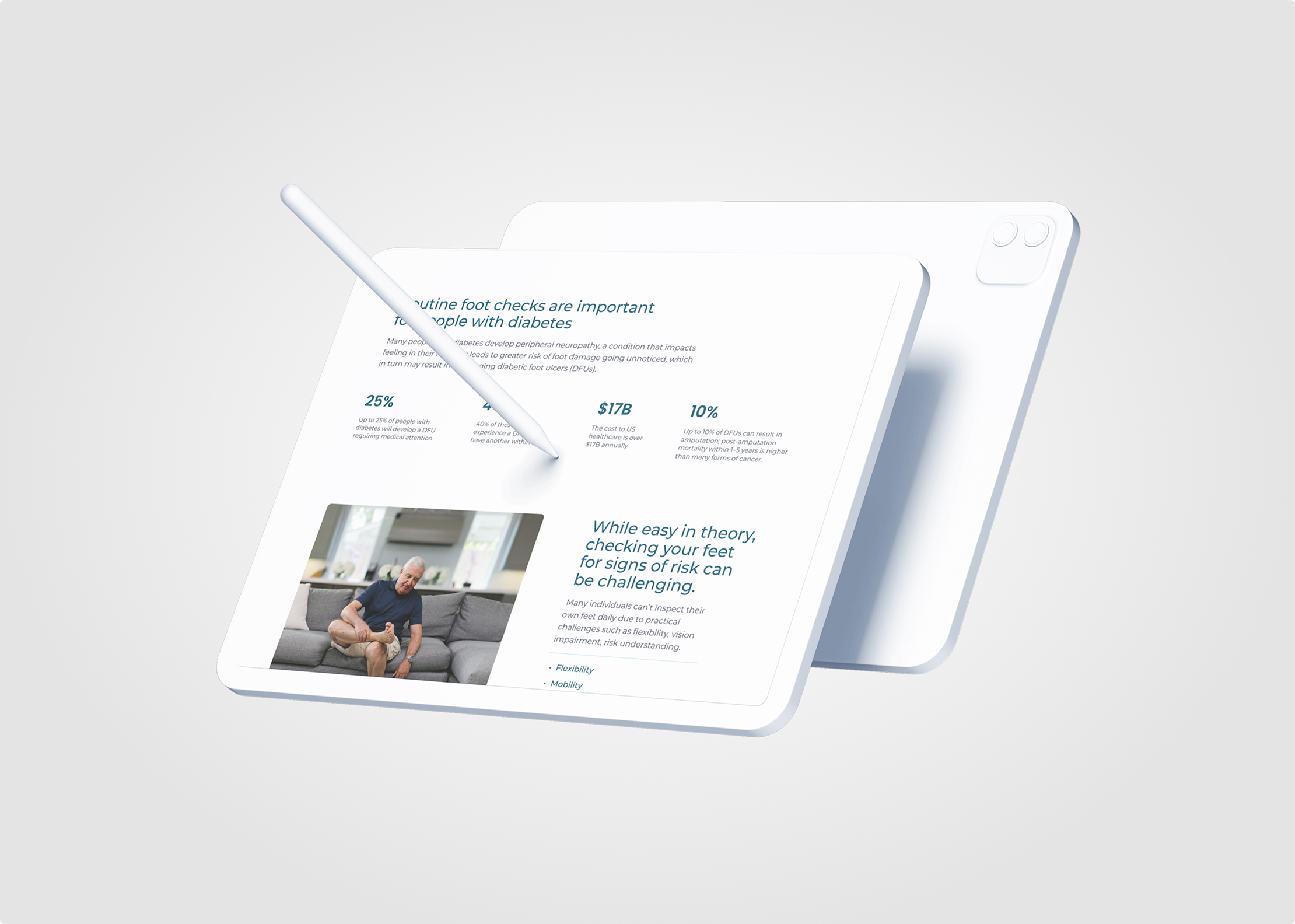 A digital tablet with a stylus displays health information about diabetic foot checks using Simpl by Rob&Paul, including statistics and a photo of a man sitting on a couch. Another tablet appears behind it, both set against a light background.