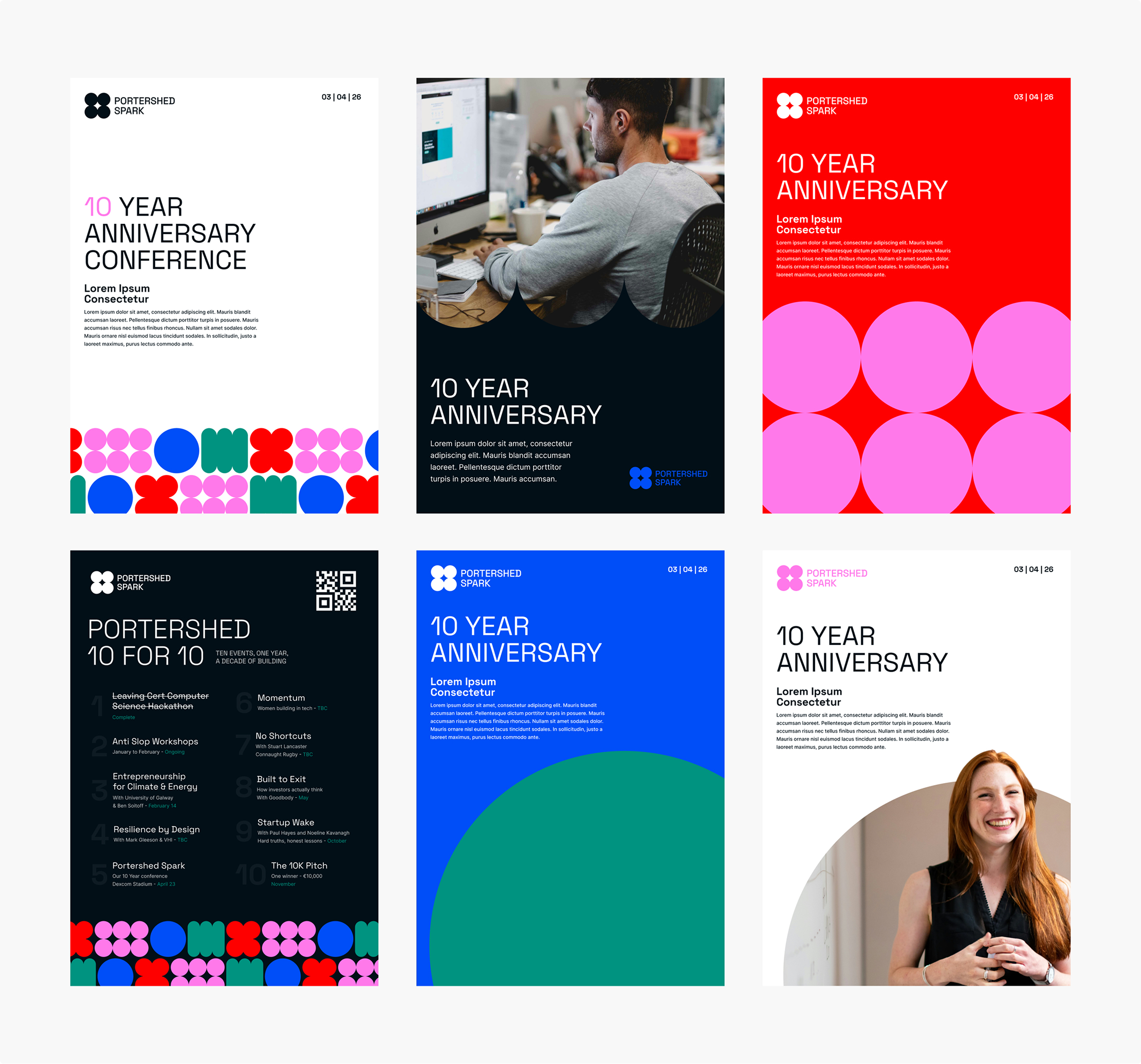 A grid of six modern, colorful posters for Portershed’s 10 Year Anniversary, designed in the style of Simpl by Rob&Paul, featuring geometric shapes, bold text, and photos of people working and smiling in vibrant layouts.