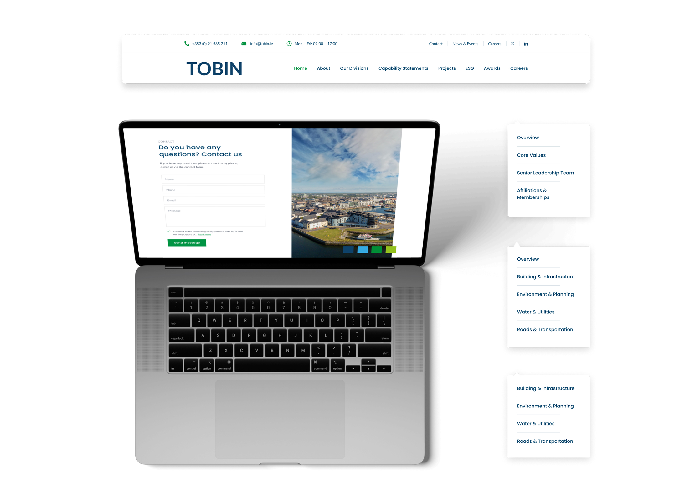 A laptop displaying a contact form and cityscape photo on its screen, placed on a white surface. Above the laptop is a website header for TOBIN, featuring navigation menus styled with Simpl by Rob&Paul to the right.