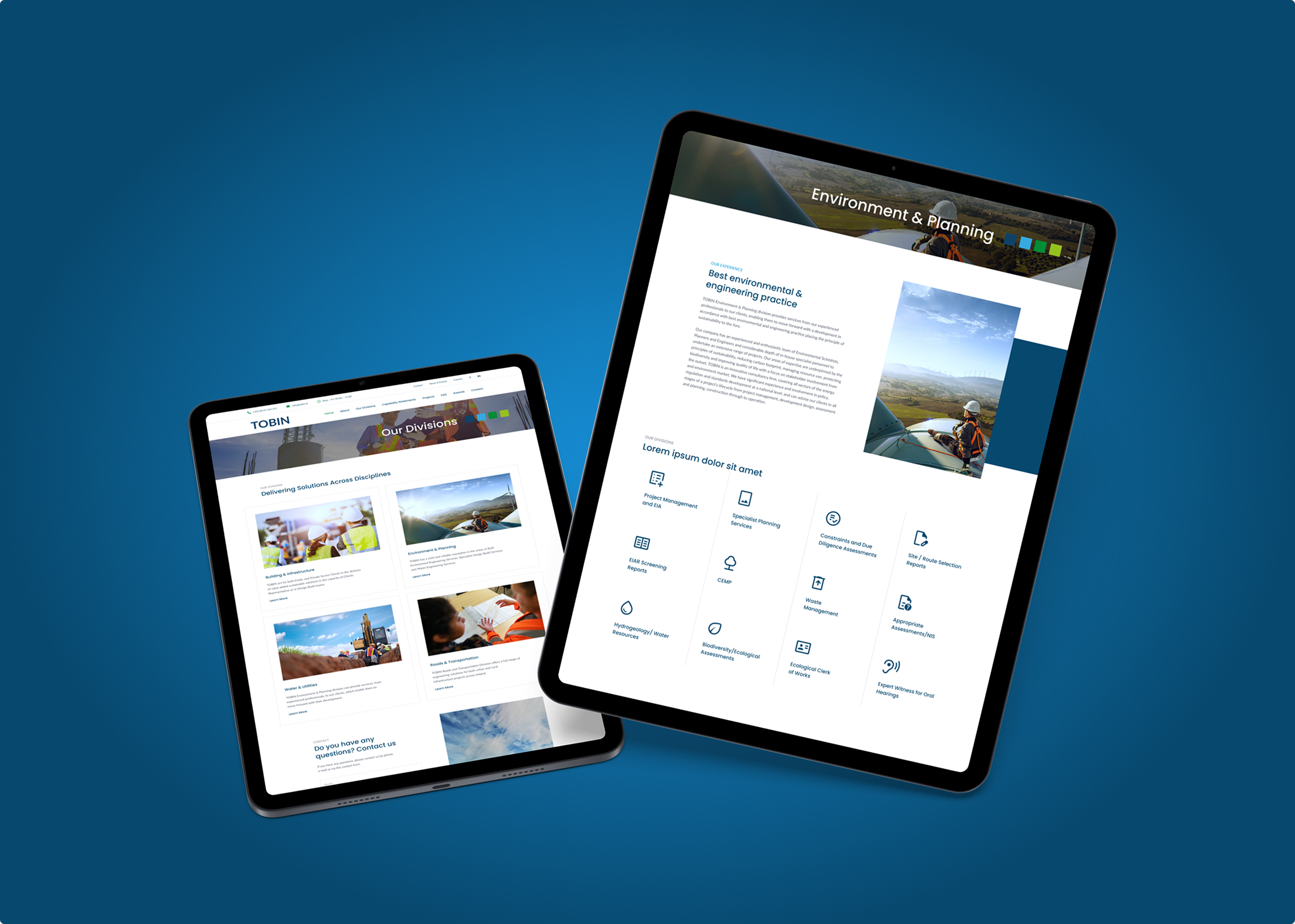 Two tablet screens showcase Simpl by Rob&Paul—one displays the homepage with navigation and images, while the other highlights an Environment & Planning section with text, icons, and a scenic photo, all set against a blue gradient background.