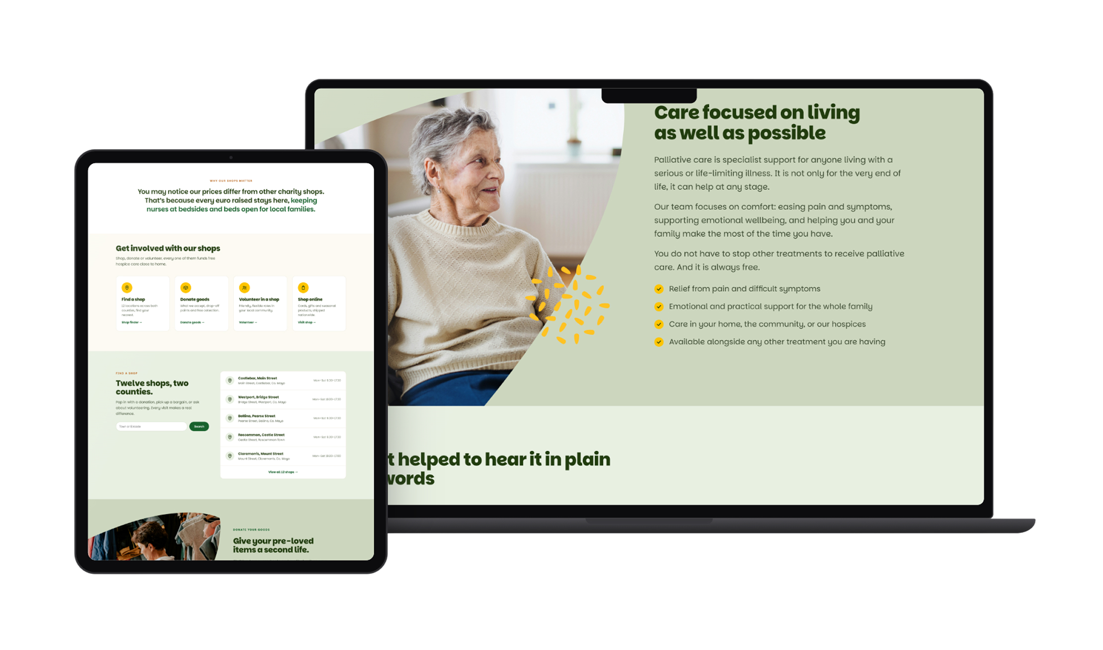 A tablet and laptop display a healthcare website. The laptop shows an older woman smiling, while the tablet shows text about care stages, options for involvement, and a menu for treatment, therapy, and support resources from the Mayo Roscommon Hospice Foundation.